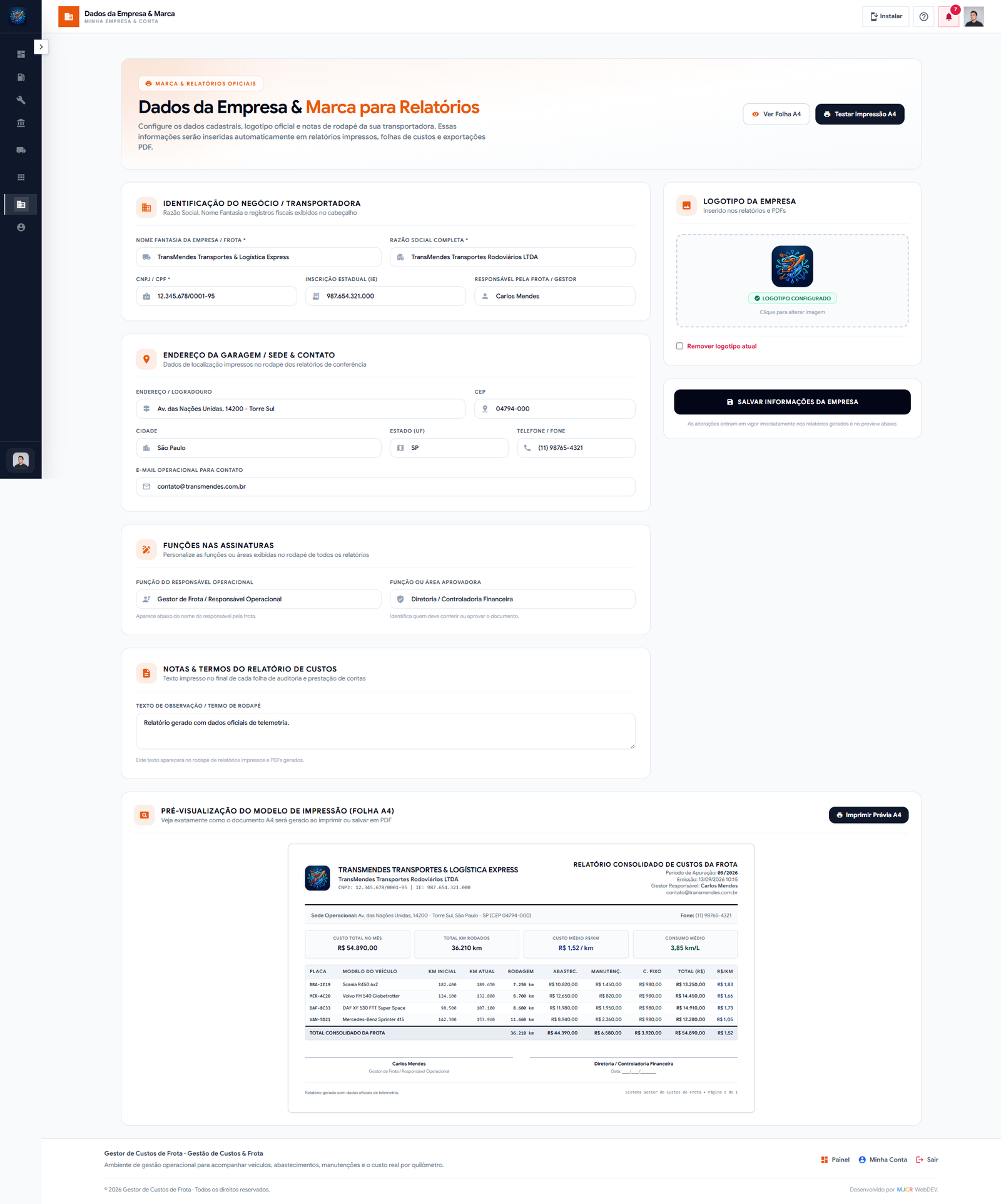 Configuração dos dados da empresa e marca para relatórios de frota